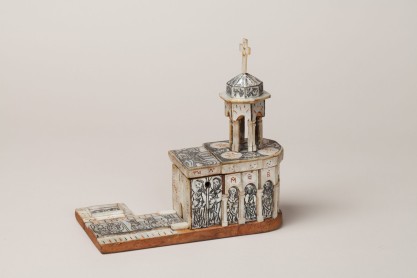 vidua Modellino reliquia rappresentante il Santo Sepolcro, artigiano di Betlemme-palestinese, ante 1808, legno d'ulivo e madreperla incisa
